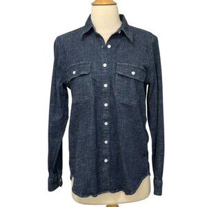 Lands End Women's Denim Shirt Dark Wash White Buttons Long Sleeve Stretch Size S